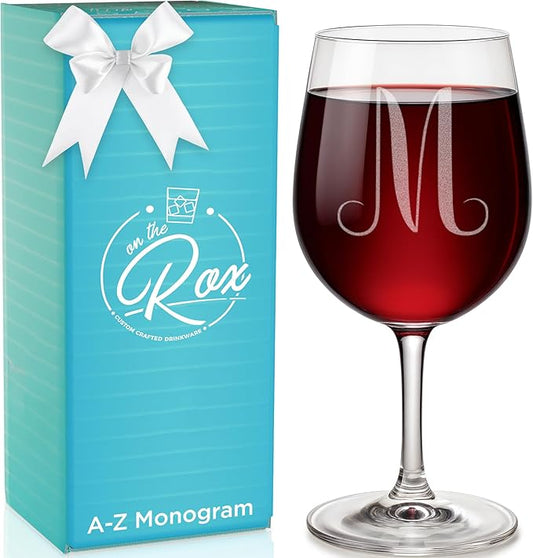 Monogrammed A-Z Wine Gifts for Women - 12.75 oz Engraved Personalized Wine Glass- Funny Wine Lover Monogram Gifts for Women - Unique Wine Glasses Gift Set (M)