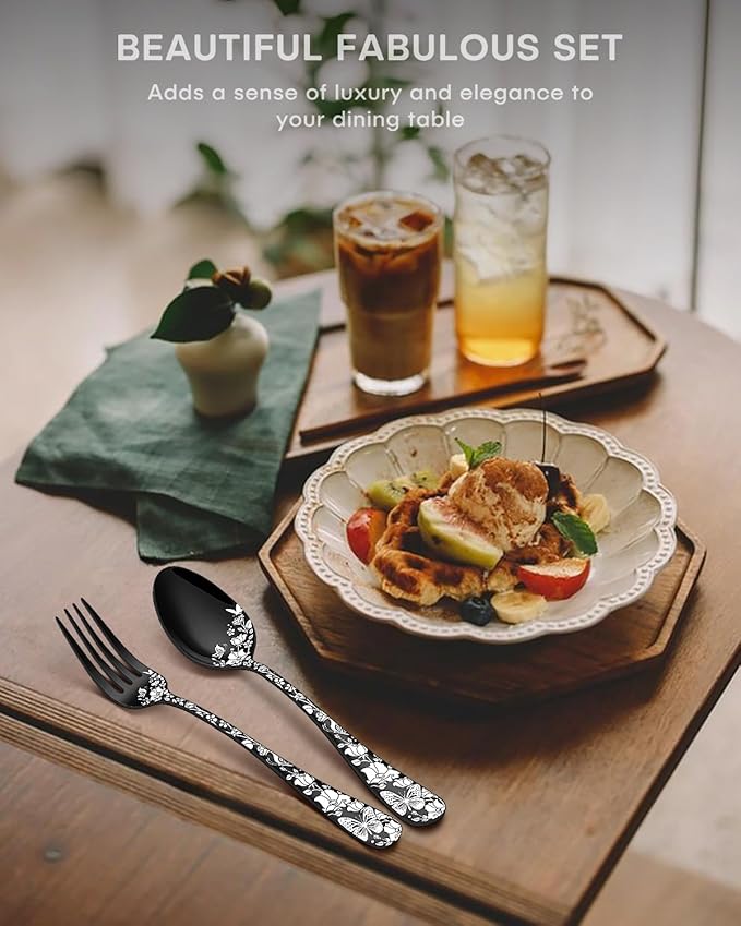 Stapava 45-Piece Black Silverware Set with Serving Utensils for 8, Stainless Steel Flatware Cutlery Set for Home and Restaurant, Mirror Tableware Include Forks Spoons Knives, Dishwasher Safe