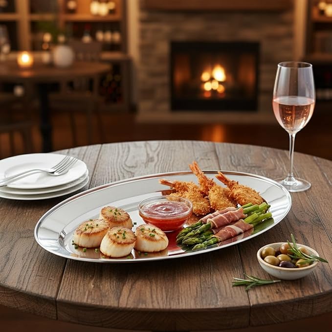 Set of 2 Stainless Steel 12” Oval Platter- Serving Platters for Appetizer Snack Fruit Cup Cake Server Tray Display Serving Dishes for Entertaining