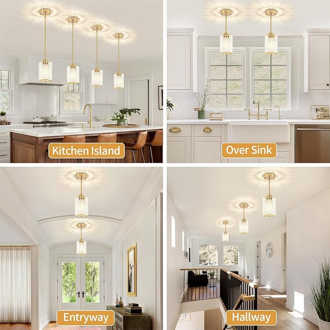 2 Pack Pendant Lights Kitchen Island, Modern Brushed Gold Pendant Light Fixtures, Kitchen Hanging Lights Mini Chandelier Crystal Pendant Lighting for Island Dining Room Hallway Bedroom