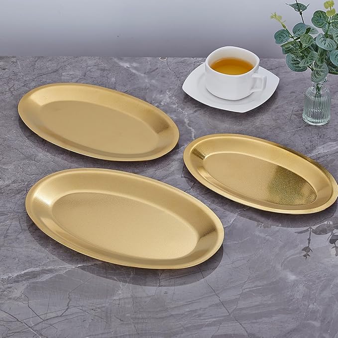 SANQIAHOME 10.9x6.7 Inch Thick Stainless Steel Dinner Plate 2-Piece Set, Egg-Shaped Appetizer Plate,Gold