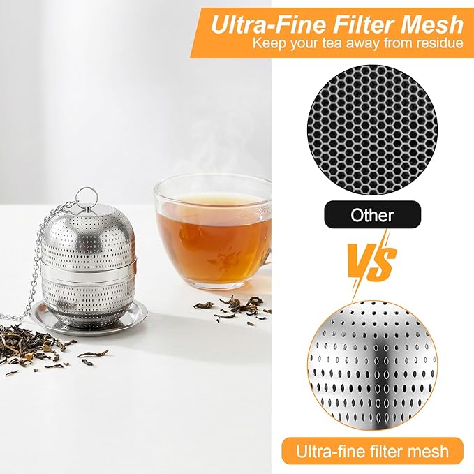 Tea Ball Infuser for Loose Tea, Stainless Steel Mesh Loose Leaf Steeper Diffuser with Drip Tray, Extra Fine Mesh Tea Strainer with Chain Hook and Threaded Lid for Black Tea, Rooibos, etc