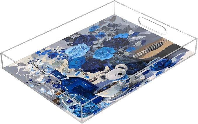 Serving Tray with Handles Clear Acrylic Tray 12x16 Inch Decorative Rectangular Tray Organizer for Ottoman Coffee Table Bathroom Koala Rose Coffee Blue