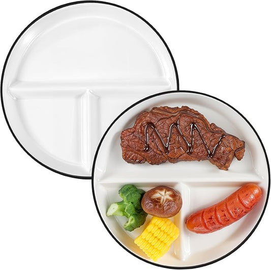Ceramic Divided Plates Set of 2Pcs, 8 Inch Portion Control Plate, Reusable Bariatric Plate for Adults, 3 Compartment Plates, White Dinner Plates for Balanced Meal, Microwave, Dishwasher Safe