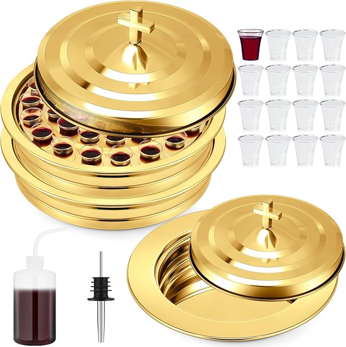 Zhehao 3 Pcs Communion Set Holy Trays for Churches with Lid Communion Plates with Lid Churches Cups Filler and Disposable Cups Supplies (Gold)