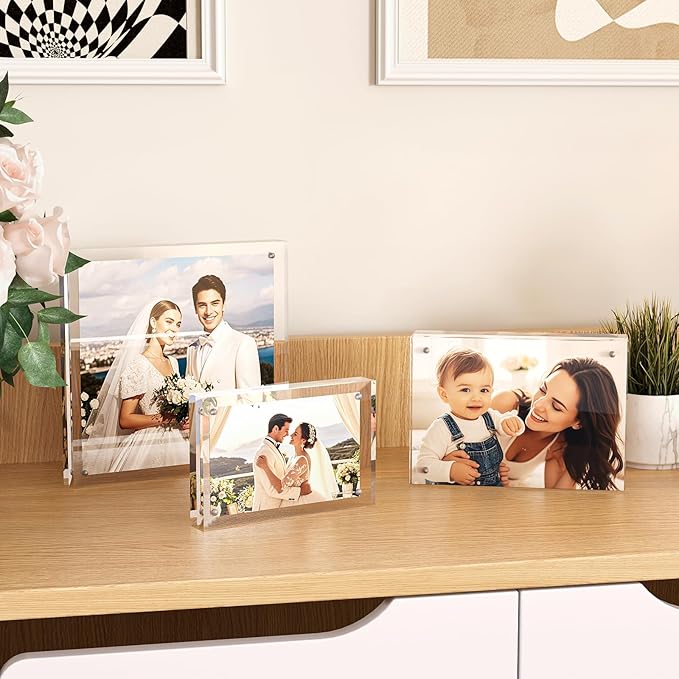 Egofine 5x5 Acrylic Frames 5 Pack, 20mm Thicker Frameless Clear Picture Frames, Double Sided Magnetic Picture Frames, Free Standing Desktop Display