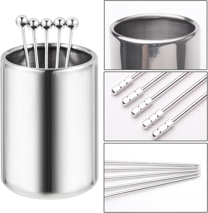 Metal Cocktail Picks 12Pack+Holder Kit, 304 Stainless Steel Toothpicks, Reusable Cocktail Skewers, Garnish Picks Bloody Mary Skewers, Martini Picks for Olives Appetizers Fruit (Mix Silvery)