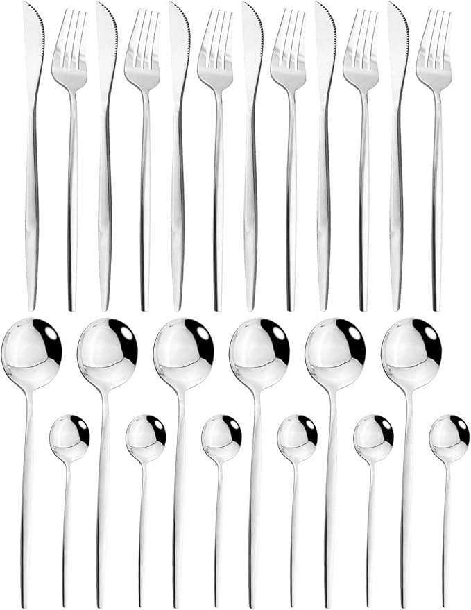 JASHII 24 Piece Titanium Stainless Steel Flatware Set, 24 Silverware Pieces, Silver Cutlery for 6 (Shiny)
