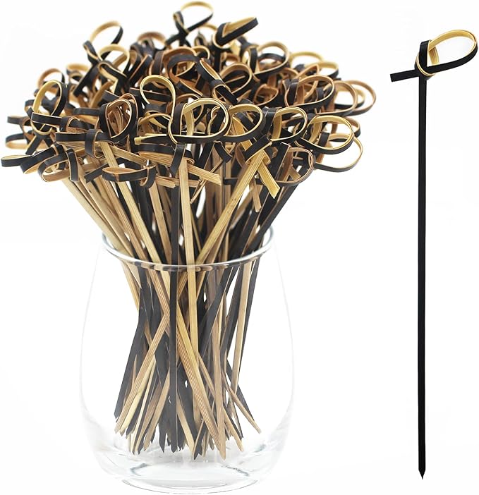 BLUE TOP Bamboo Cocktail Picks 200 PCS Black Bamboo Skewers 4 Inch with Looped Knot, Food Picks,Party Toothpicks for Appetizers,Cocktail Drinks,Barbecue Snacks,Club Sandwiches.