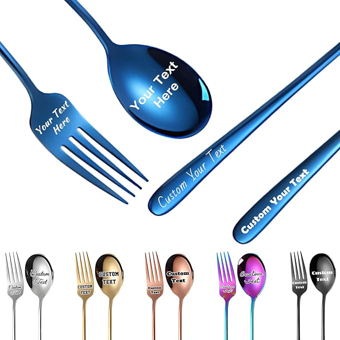Custom Fork and Spoon Kit Flatware Set, Personalized Stainless Steel Engraved Name Text Dates, Customized Lover Gifts for Couples Boyfriend Girlfriend Birthday Christmas Gift - 6 Colors