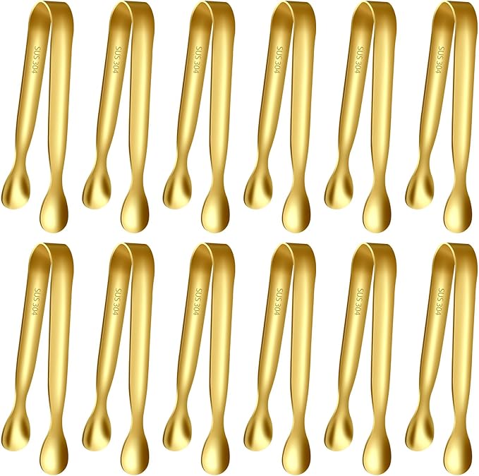 HOTEC 12-Pack Mini Sugar Tongs Stainless Steel Ice Tongs 4.3Inch Serving Tongs for Coffee Bar, Tea Party, Appetizers, Desserts, Buffet – Food-Grade & Dishwasher Safe, Gold