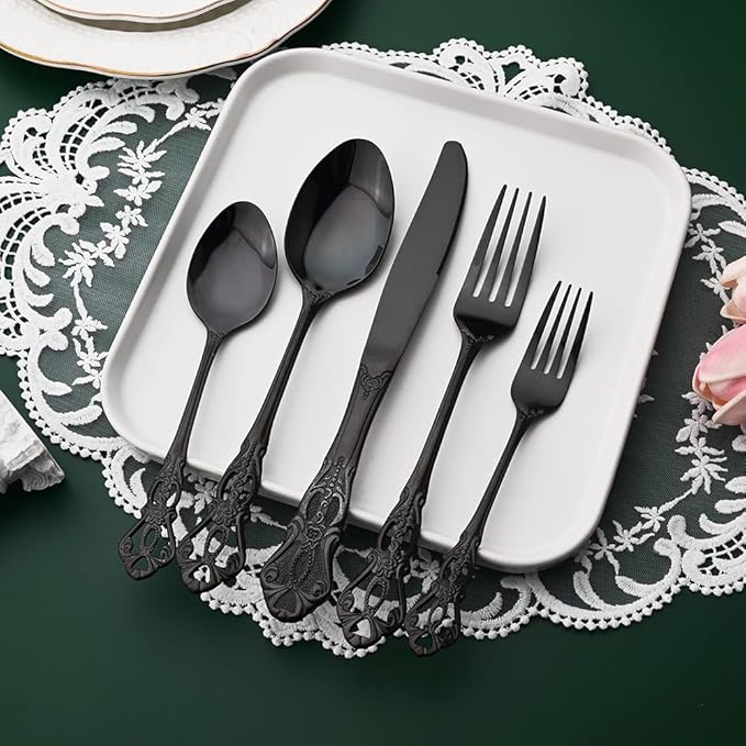 Black Flatware Set For 4, 20 Pieces 18/0 Stainless Steel Silverware Set, Cutlery Utensils Set Include Knives/Forks/Spoons, Antique Baroque Style & Luxury Mirror Polished