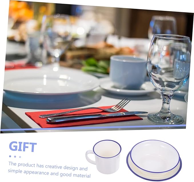 PRETYZOOM Vintage Enamel Dinnerware White Blue Rim Plate Bowl Cup Kit Food Grade Tableware for Home Camping Picnic Restaurant Use with Non Slip Base and Easy Clean Surface