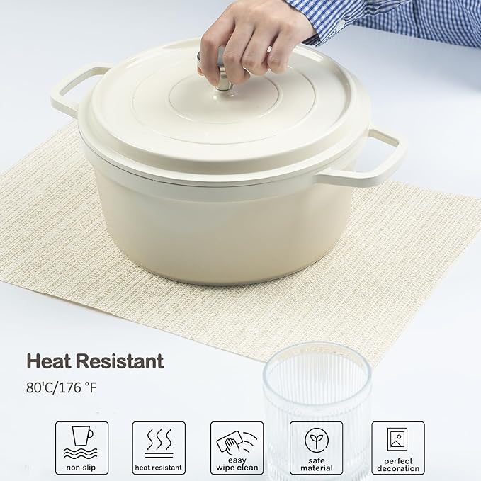AHHFSMEI Placemats for Dining Table Set of 6 Woven Vinyl Plastic Place Mats Non-Slip Heat Insulation Stain Resistant Table Mats Washable Easy Clean Placemats (Multi Beige)