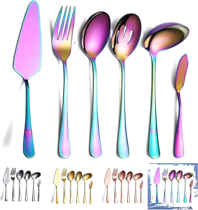 Rainbow Serving Spoons Set 6 Pieces, Serving Utensils Set Include Cake Server Slotted Spoon Serving Spoon Serving Fork Ladle Butter Knife Spreader Serving Set Dishwasher Safe