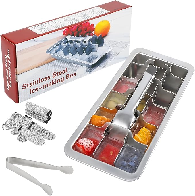 KAYCROWN 18/8 Stainless Steel Ice Cube Tray, 18 Slot Ice Cube Tray with Easy Release Handle for Making Various Large Ice Cubes, Removable Slots for Easy Ice Cube Removal (Tweezers & Finger Gloves)