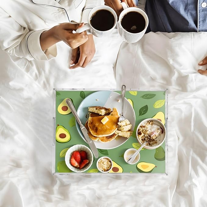Serving Tray with Handles Clear Acrylic Tray 12x16 Inch Decorative Rectangular Tray Organizer for Ottoman Coffee Table Bathroom Green Avocado and Leaves