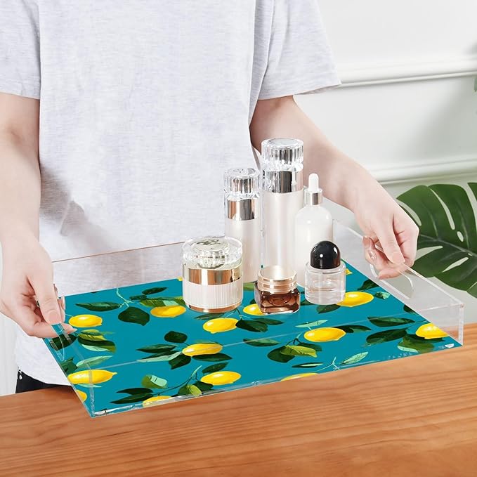 Serving Tray with Handles Clear Acrylic Tray 12x16 Inch Decorative Rectangular Tray Organizer for Ottoman Coffee Table Bathroom Teal Lemons