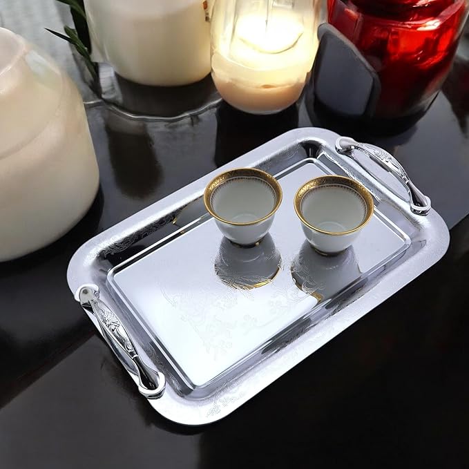 (Pack of 3 11.4 inch x 7.9 inch Oblong Chrome Plated Mirror Silver Serving Tray with Handles Stylish Design Floral Engraved Edge Decorative Party Birthday Wedding Platter Plate CC-1054