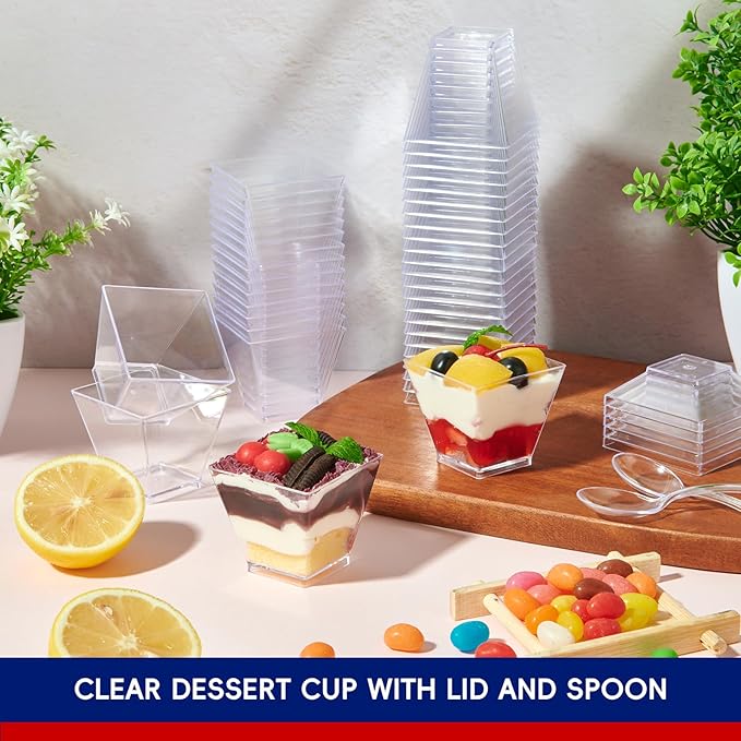 JOLLY CHEF 100 Pack 2 oz Mini Dessert Cups with Spoons and Lids, Square Tall Clear Plastic Parfait Appetizer Cup Small Serving Bowl for Party Desserts Appetizers