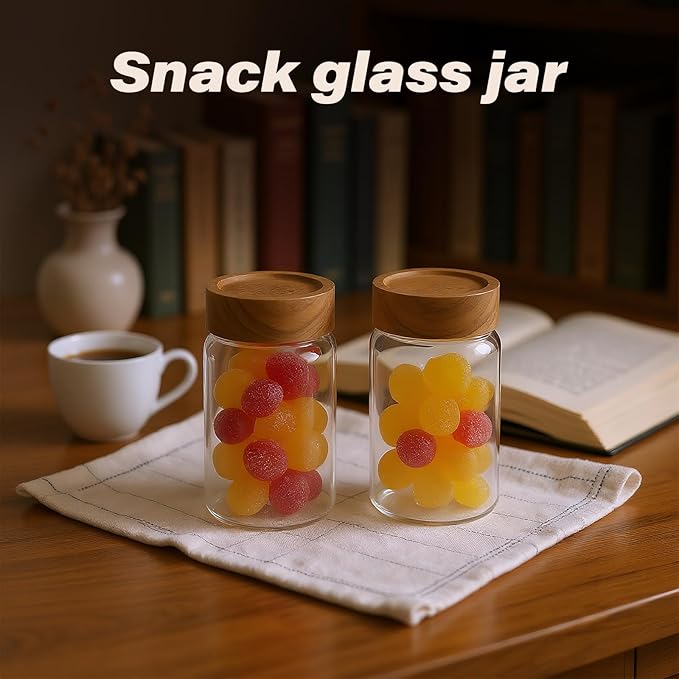 2-Piece 10 fl oz Food-Grade Glass Mason Jars with Sturdy Acacia Wood Lids, Sealable Waterproof, Transparent Easily Stackable for Spices, Seasonings & Snack Organizin