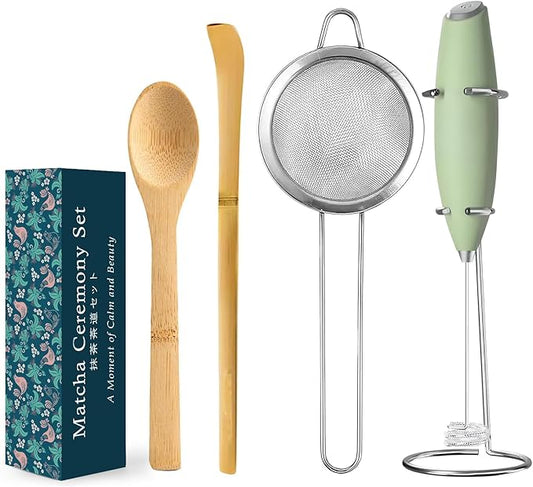 MONOJOY Electric Matcha Whisk Set 4 PCS Matcha Making Kit Powder Mixer Electric Milk Frother Traditional Tea Scoop Chashaku, Spoon, Sifter, Durable Coffee Stirrers Maker Tools Gift for Lovers Beginner