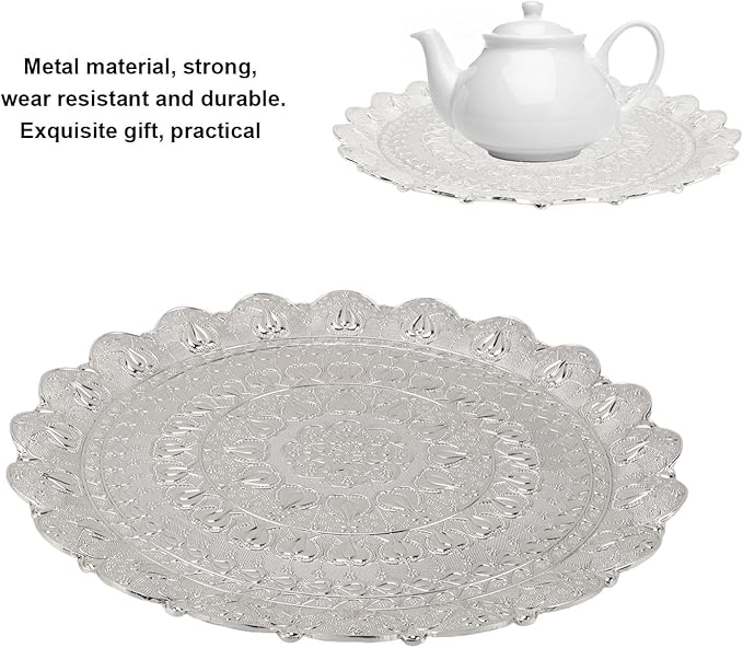 Turkish Tea Coffee Serving Tray Vintage Style Embossed Pattern Round Coffee Plate Makeup Jewelry Dessert Elegant Retro Bar Outdoor Metal (Silver)