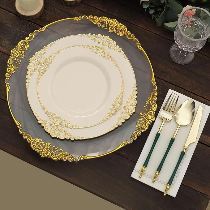 8" Salad Plates -Set of 10 - Plastic Ivory Round Baroque Disposable Chargers Leaf Embossed Rim, Ideal for Dinner Party Wedding Bulk Events