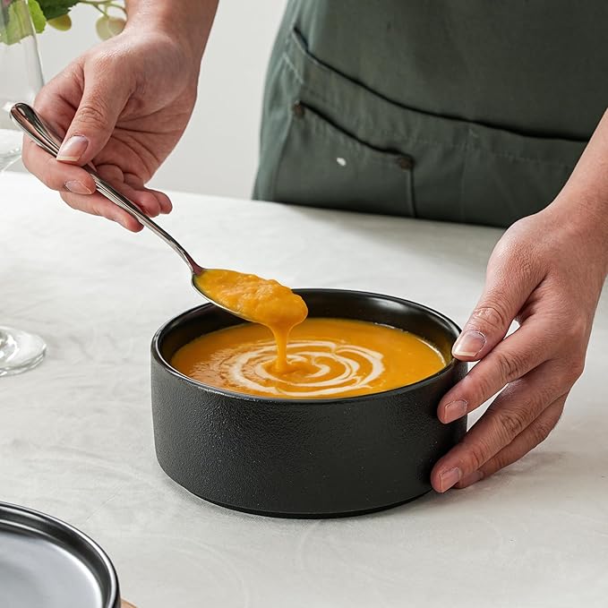 26 OZ Cereal Bowl, 6 Inch Ceramic Bowls Sets for 4, Suitable for Breakfast, Soups, Oatmeal, Ramen, Pho, Udon and Ssoba, Dishwasher & Microwave Safe, Handcrafted Bowls Sets,Modern Black