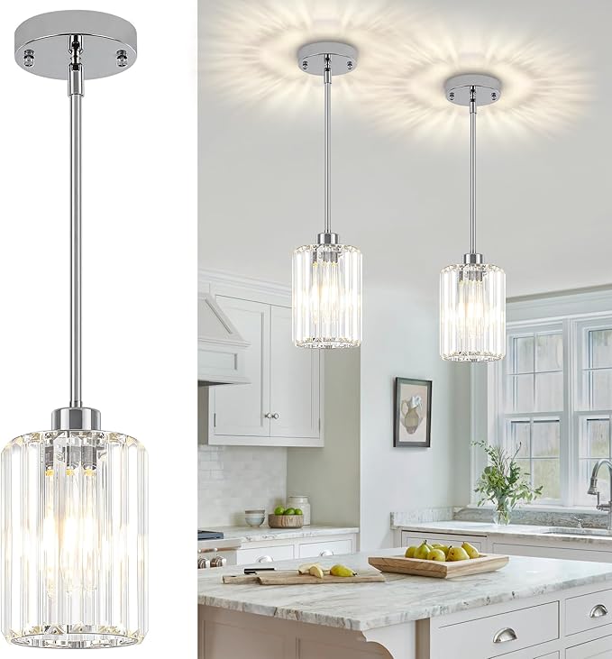 Chrome Pendant Lights,2 Pack Crystal Pendant Lighting for Kitchen Island, Modern Mini Kitchen Chandeliers Hanging Pendant Lights for Bedroom Dining Room Hallway