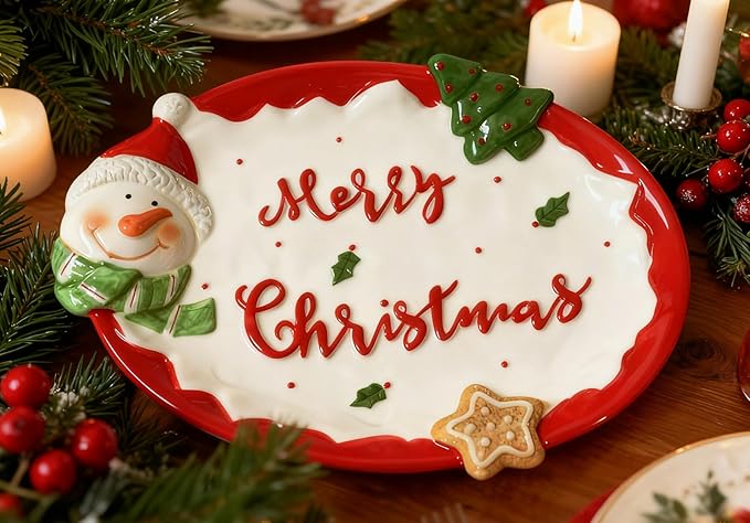 White Oval Xmas Snacks Appetizer Trays Sets, Christmasman Dessert Porcelain Serving Dishes, Snack Platter, Food Cereal Salad Bowl, Christmas Santa Claus High Relief Ceramic Plate - White