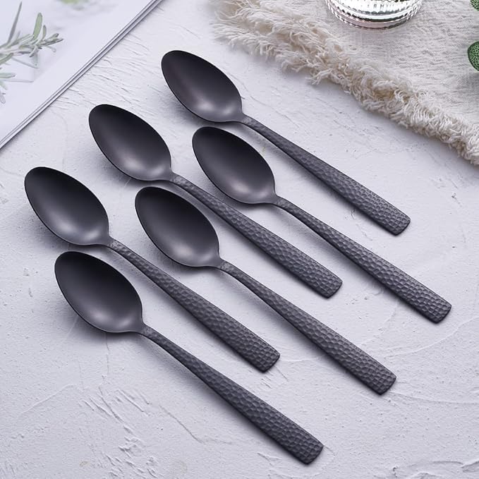 Matte Black Dessert Spoon Set of 6, FULLYWARE 7.0 inches Stainless Steel Black Metal Teaspoon, Satin Finish