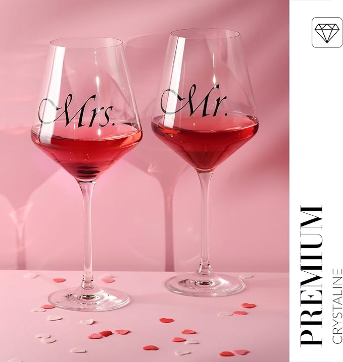 Krosno Mr & Mrs Wine Glasses, Set of 2, 18.6 oz, Avant-Garde Collection, Crystal Glass, Ideal Wedding Gift, Dishwasher Safe, Made in Europe