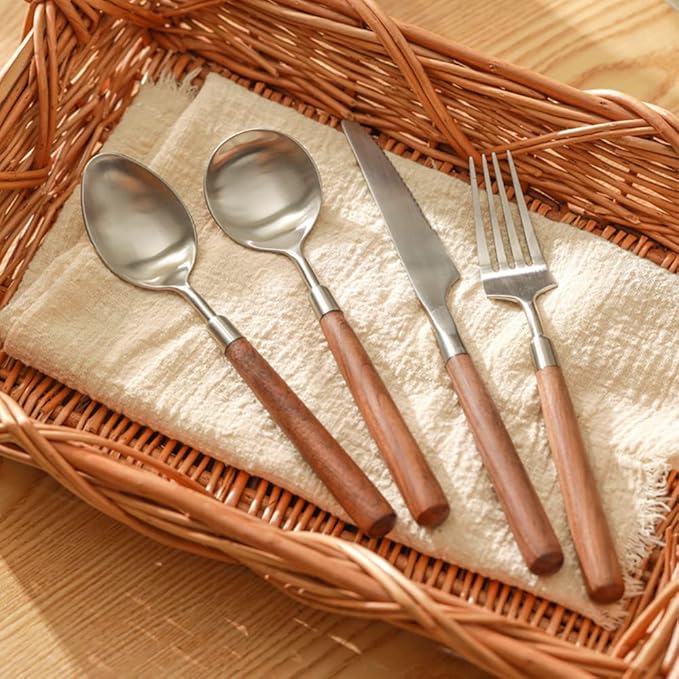 Wood Silverware Set for 12 Wooden Flatware Cutlery Utensils Set 18/10 Stainless Steel Walnut Handle 48 Piece Include Knives Forks and Spoons Tableware Set for Home Kitchen Wedding Restaurant