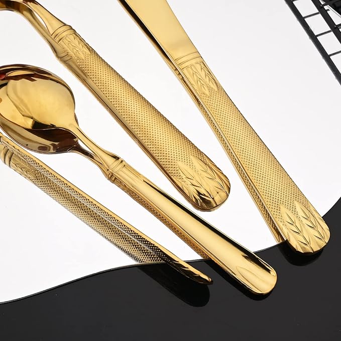 JASHII 304 Stainless Steel Hammered Silverware Set with Wheat Spike Pattern, Modern Eating Tableware Flatware Set, Service for 6. Flat Handle, Dishwasher Safe - Shiny Gold