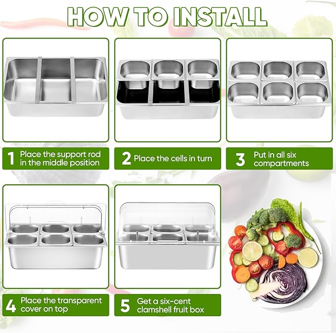 Countertop Food Serving Display Container with Clear Roll Top Cover, Stainless Steel Salad Serving Tray Condiment Dispenser Ice Food Serving Display Tray for Buffet Restaurant Kitchen Party(6 Pan)