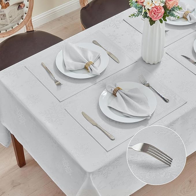 Rectangle Fancy Metallic Sparkling Snowflake Christmas Fabric Table Cloth red Hunter Gold Navy White Silver No-Iron Soil Resistant Woven Holiday Table Cover(White Silver/60x84Inch)