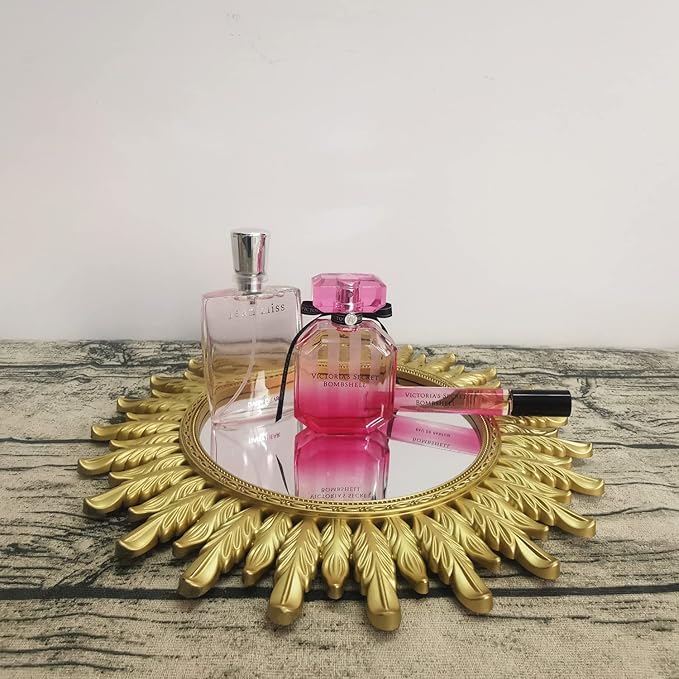 Ham Hamphinee Feather Mirror Tray, Decorative Wall Mirror, Vintage Home Décor for Living Room, Kitchen, Bedroom, or Hallway, for Table Top or Wall Hanging Display, 12”X12”, Gold