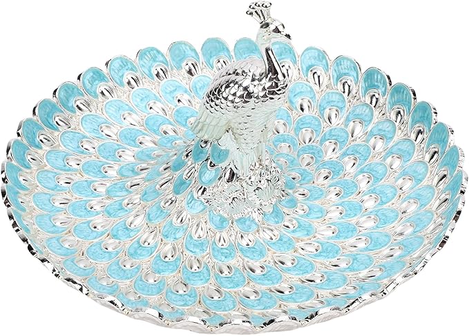 Zerodis Decorative Peacock Serving Tray, Zinc Alloy Fruit Platter, Elegant Storage Centerpiece for Home Kitchen Table, Snacks Cookies Display (Silver Light Blue)