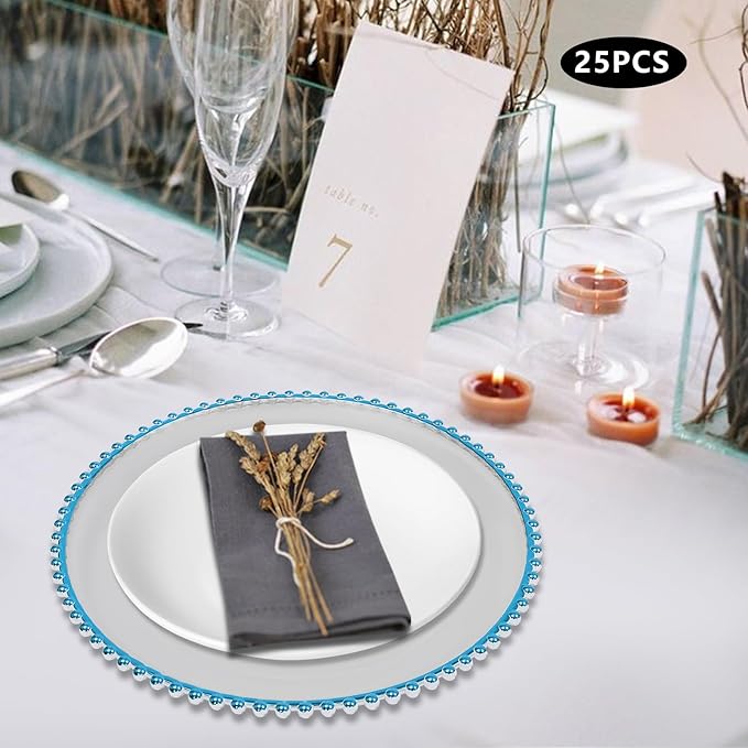 25 Pcs Beaded Rim Charger Plate Bulk Service Plate for Parties Clear Round Chargers for Dinner Plates Wedding Décor Placemats,13 Inch (25pcs-Blue)