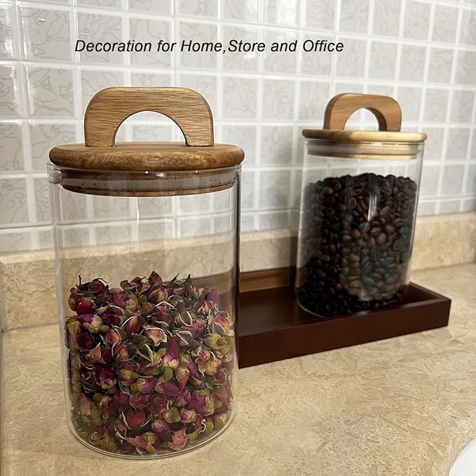 Glass Kitchen Canisters with Airtight Acacia Wooden Lid, Airtight Food Storage Jar with Handle,Canisters for Bathroom Decor with Vanity Tray (2, Brown Wooden Lid, 33 oz)