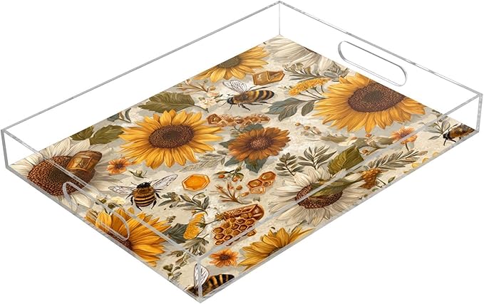 Serving Tray with Handles Clear Acrylic Tray 12x16 Inch Decorative Rectangular Tray Organizer for Ottoman Coffee Table Bathroom Beige Bees Sunflowers Daisy