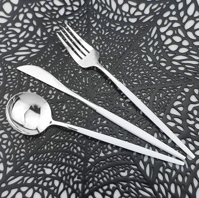 Silverware Set, 24-Piece Stainless Steel Shiny Flatware, Tableware Cutlery for Home and Restaurant, Dishwasher Safe, White Handle Silver