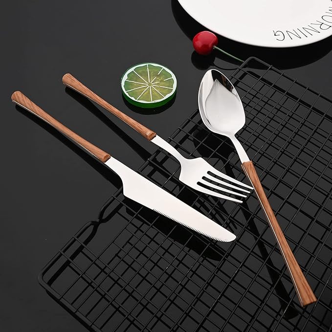 JASHII 24pcs Stainless Steel Imitation Wood Handle Cutlery Set, Knife Fork Tea Spoon Silverware Kitchen, Silver Flatware Set for 6, Mirror Polished Small Waist Handle - Brown&Silver
