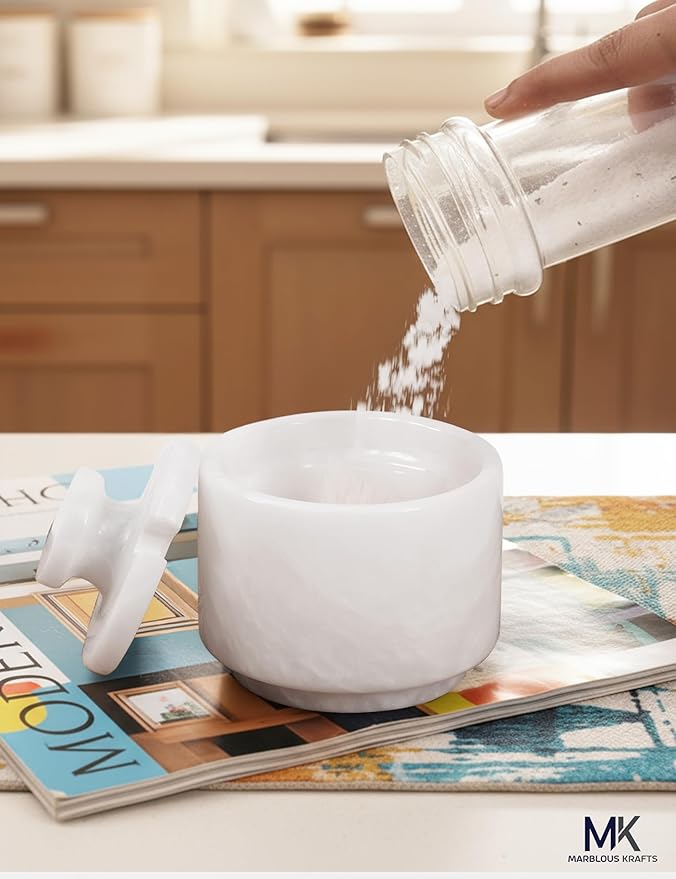 MARBLOUS KRAFTS Marble Salt Cellar with Lid & Spoon 3' White Small Flaky Salt Container, Seasoning Jar, Spice Storage Countertop, Ideal For Salt Box, Sugar Jar Kitchen Décor