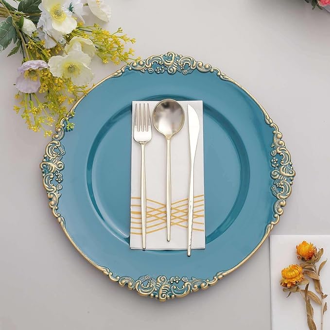 13" Charger Plates -Set of 24 - Acrylic Teal Round Baroque Disposable Chargers Leaf Embossed Rim, Ideal for Dinner Party Wedding Bulk Events