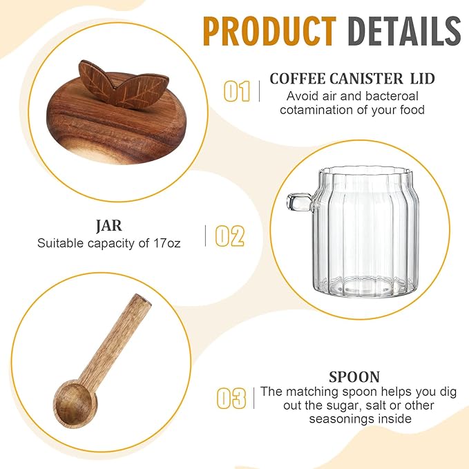 4 Pcs Sugar Bowl with Lid and Spoon, 17 oz Sugar Container for Coffee Bar, Glass Coffee Canister, Airtight Food Storage Jar, Cereal Tea Salts Spice Jar, Kitchen Decoration Christmas Gift