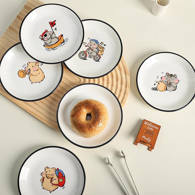 SOCOSY Super Cute Cartoon Animals Ceramic Sauce Dishes, Seasoning Dishes, Little Cat Dog Bird Feeding Bowls, Sushi Soy Dipping Bowls, Appetizer Plates, Dessert Plates-Busy Hamster-5 Inch