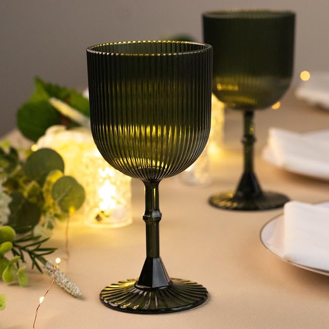TCF Linen 12 Pack Hunter Green Plastic Wine Goblets, 9oz Ribbed Reusable Shatterproof Drinkware for Weddings Parties Catering Cocktails and Desserts Cups