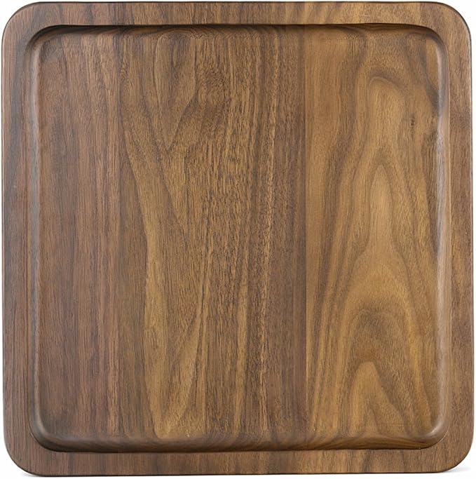 Winterworm Rustic Walnut Wooden Tray Solid Wood Serving Tray Square Rectangle Platter Tea Tray Coffee Table Tray (Large Square with Grooves（11x11x1inch）)